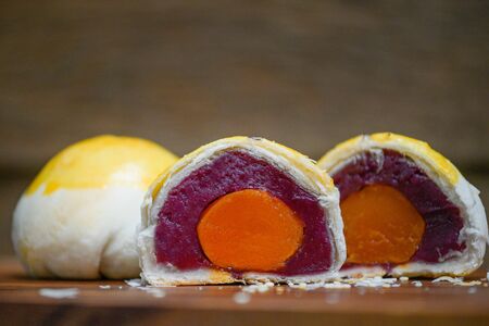 Dilicious Moon Cake Sweet Potato Jam And Salted Egg Yolk Filled Inside, Chinese Dessertの写真素材