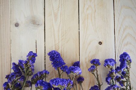 Wooden Fence Background And Blue Flowers. Nature Background.の写真素材