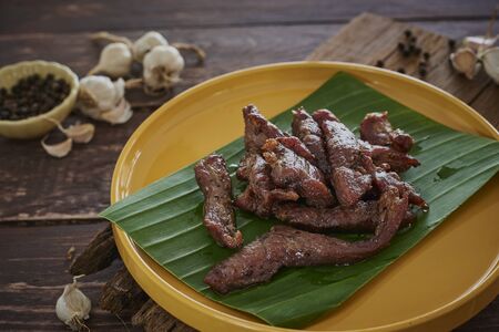 Dried Pork, Thai-Esan Food. Pork With Seasoning Herb Garlic.