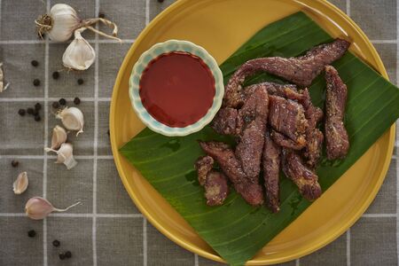 Dried Pork, Thai-Esan Food. Pork With Seasoning Herb Garlic.の写真素材