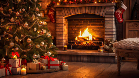 A beautifully decorated living room with a litfireplace, adorned Christmas tree, and warm, ambient lighting, Chrismas themeの素材