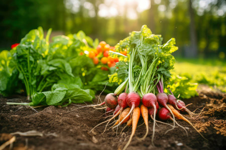 A colorful harvest of organically grown vegetables, freshly plucked from the garden's embrace. The vibrant hues and natural textures tell the story of care and dedication to sustainable, healthy farming. Generative AIの素材