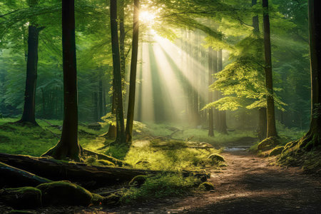 A lush green forest with rays of sunlight peeking had a small, narrow river. Moist, full of moss on the rocks. Generative AIの素材