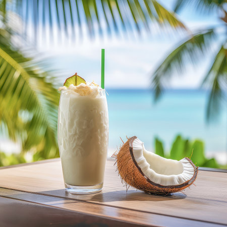 Coconut water smooties on the table behind the sea. beautiful afternoon light. Generative AI.の素材