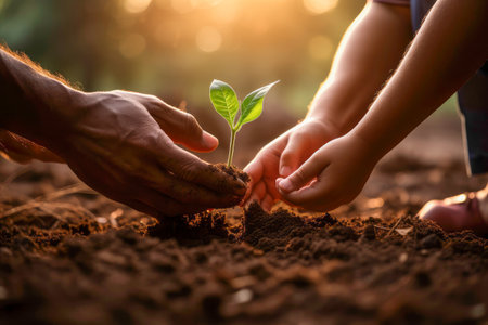 Heartwarming hands of father and him son are embracing the soil together to grow seedlingsの素材