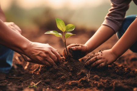 Heartwarming hands of father and him son are embracing the soil together to grow seedlingsの素材