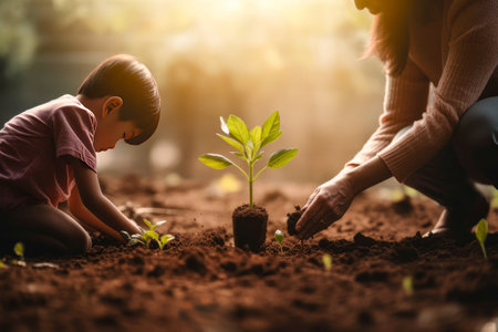 Heartwarming hands of mother and her son are embracing the soil together to grow seedlingsの素材