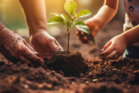 Heartwarming hands of mother and her son are embracing the soil together to grow seedlingsの素材