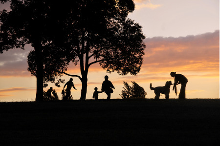 Silhouette of people to walk in the eveningの写真素材