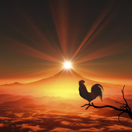 3D illustration of sunrise of Mt.fuji and chickenの写真素材