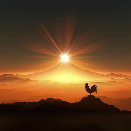 3D illustration of sunrise of Mt.fuji and chickenの写真素材