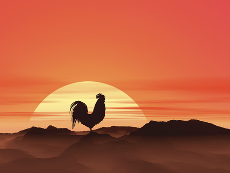 3D illustration of sunrise and a chickenの写真素材