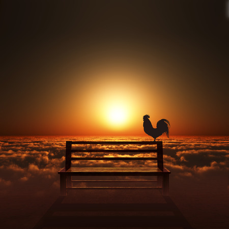 3D illustration of sunrise and a chickenの写真素材