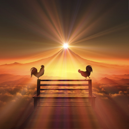 3D illustration of sunrise of Mt.fuji and chickenの写真素材
