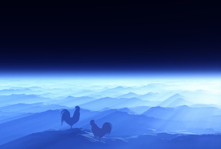 3D illustration of dawn and chickenの写真素材