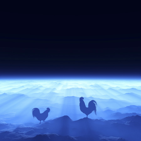 3D illustration of dawn and chickenの写真素材