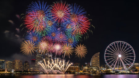 Vibrant fireworks display over cityscapeの素材