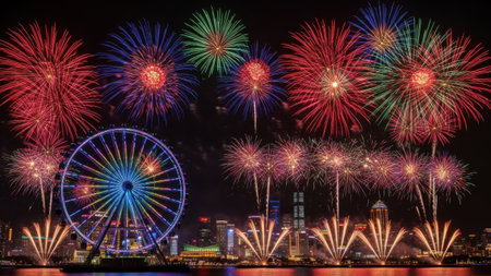 Vibrant fireworks display over cityscapeの素材