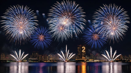 Vibrant fireworks display over cityscapeの素材