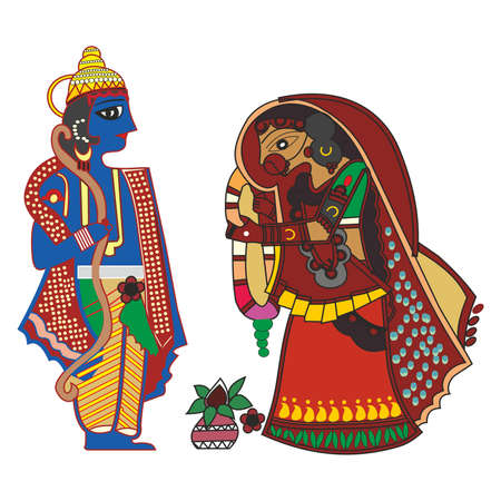 Madhubani Art, Radha Krishna, Indian Wedding, Bride & Groom, India Godのイラスト素材