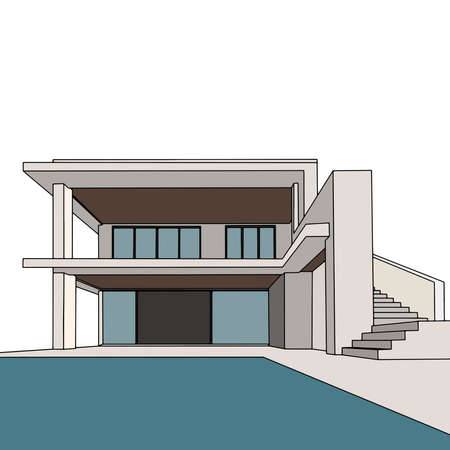 house vector - flat simple and non-editable hand-drawn illustration of a modern house with a swimming pool.のイラスト素材