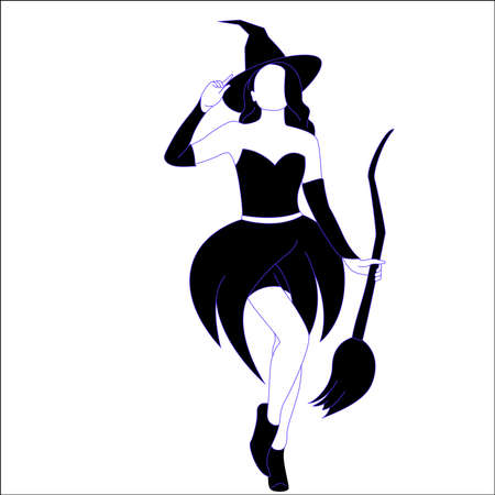 Halloween theme Character silhouette - witch with broom hand drawn silhouette, silhouette of evel female with broom. Halloween isilhouette on isolated background.のイラスト素材