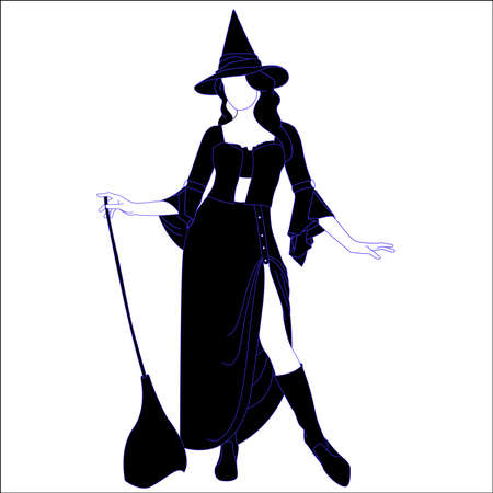 Halloween theme Character silhouette - witch with broom hand drawn silhouette, silhouette of evel female with broom. Halloween isilhouette on isolated background.のイラスト素材