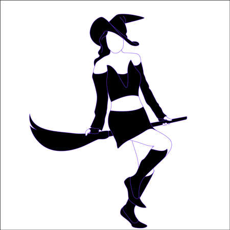 Halloween theme Character silhouette - witch with broom hand drawn silhouette, silhouette of evel female with broom. Halloween isilhouette on isolated background.のイラスト素材