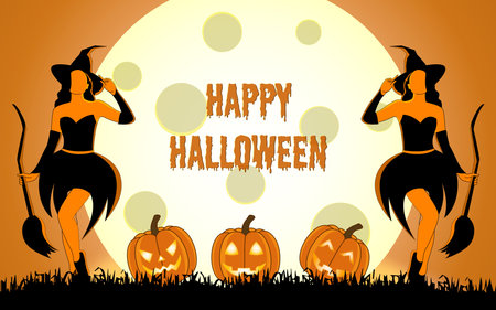 Halloween illustration for halloween party background and invitation, hand drawn vector halloween illustration with witch and cute scary pumpkin, halloween illustration with giont moon on background.のイラスト素材