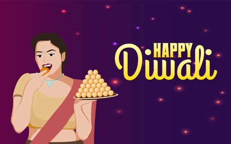 Indian Girl Eating Laddoo Indian sweet, Happy Diwali vector illustration.のイラスト素材