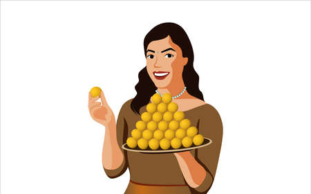 Indian Girl with laddoo - indian sweet, character illustration on white background.のイラスト素材