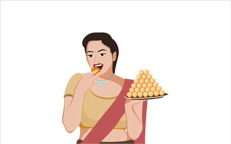 Indian Girl with laddoo - indian sweet, character illustration on white background.のイラスト素材