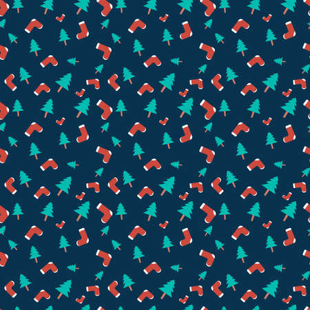 Christmas repeat pattern created with socks and Christmas tree on dark greenish blue background, Hand drawn vector repeat pattern for textile, gift wrapper, fabric, web backdrop and packaging.のイラスト素材