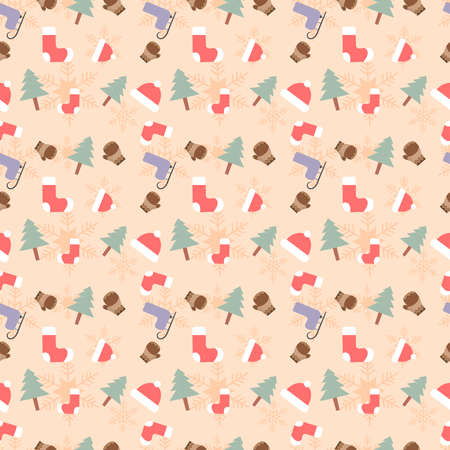 Christmas theme seamless repeat pattern created with elements like gloves, socks, Christmas tree ski skates, Hand drawn vector repeat pattern for textile, fabric, gift wrapper, packaging and backdropのイラスト素材