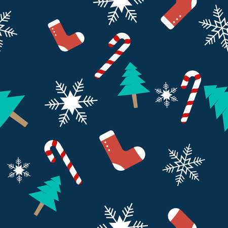Christmas theme repeat pattern created with elements like Christmas tree, socks, snowflakes, candy cane Hand drawn vector pattern swatch for textile, fabric, gift wrapper, packaging and web backdrop.のイラスト素材