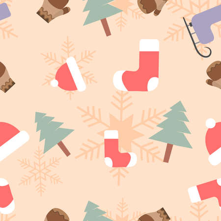 Christmas theme seamless repeat pattern created with elements like gloves, socks, Christmas tree ski skates, Hand drawn vector pattern swatch for textile, fabric, gift wrapper, packaging and backdropのイラスト素材