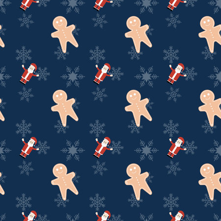 Ginger bread man, Santa Claus and snowflakes  vector repeat pattern, Hand drawn Christmas repeat pattern for  background, wallpaper, gift wrapper, textile, packaging, banner.のイラスト素材