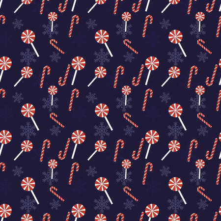 Lollipop, Candy cane and Snowflakes vector repeat pattern, Hand drawn Christmas repeat pattern for  background, wallpaper, gift wrapper, textile, packaging, banner.のイラスト素材