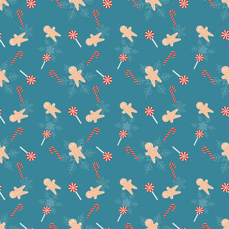 Ginger bread man, lollipop, candy cane vector repeat pattern, Hand drawn Christmas repeat pattern for  background, wallpaper, gift wrapper, textile, packaging, banner.のイラスト素材