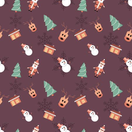 Santa Claus, snowman, deer head, house with chimney objects in rounded corner theme seamless pattern background. Best for winter holiday fabric, giftwrap, scrapbook, greeting cards design projects.のイラスト素材