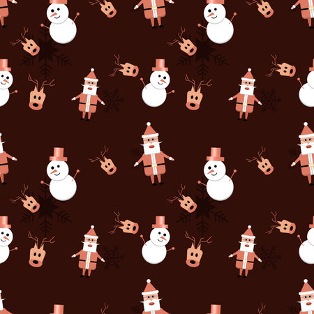 Snowman, Santa Claus with hat , gingerbread man vector object in rounded corner theme seamless pattern background. Best for winter holiday fabric, giftwrap, scrapbook, greeting cards design projects.のイラスト素材