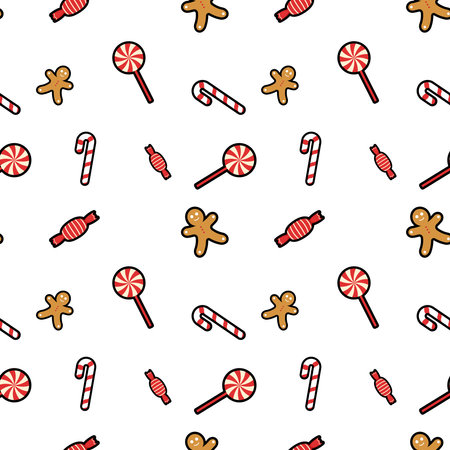 lollipop, gingerbread man, candy cane, candy, sweet seamless pattern background. Perfect for winter holiday fabric, giftwrap, scrapbook, greeting cards design projects.のイラスト素材