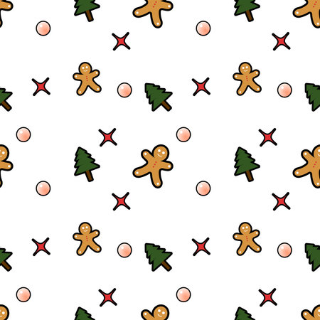 Gingerbread man, Christmas tree, decorative ball, stars seamless pattern background. Perfect for winter holiday fabric, giftwrap, scrapbook, greeting cards design projects.のイラスト素材