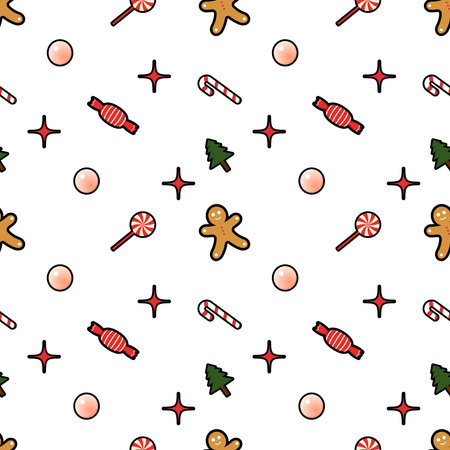 gingerbread man, decorative ball, candy, star, sweet, Christmas tree seamless pattern background....