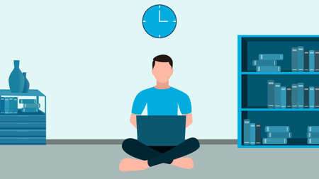 man working with laptop on her lap, work from home and flexible work hour character vector illustration.のイラスト素材