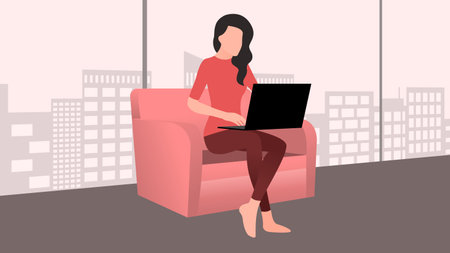 woman working on laptop sitting on sofa, work from home and flexible work hour character vector illustration.のイラスト素材