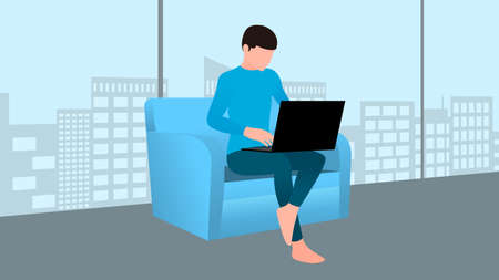 man working on laptop sitting on sofa, work from home and flexible work hour character vector illustration.のイラスト素材