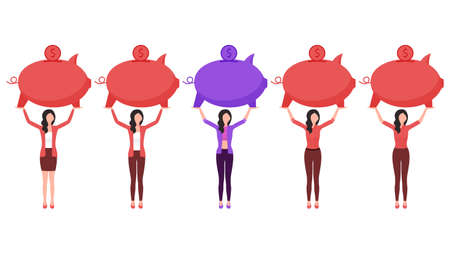 Woman holding Piggy Bank on head, business character illustration set on white background.のイラスト素材