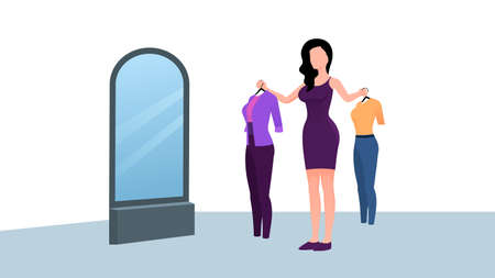 Young woman confused between two outfits flat character vector illustration on white backgroundのイラスト素材