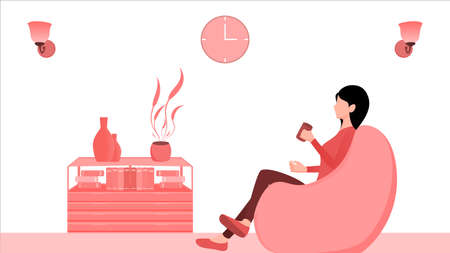 Women drinking coffee on recliner or bean bag vector illustration on living room interior backgroundのイラスト素材